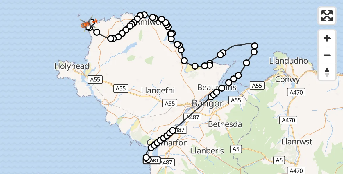 Flight route Coastguard Helicopter Caernarfon Airport - Llanfaethlu, 10 June 2026, 13:52