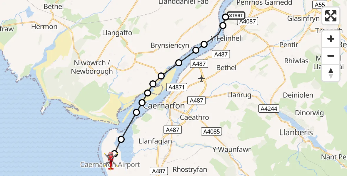 Flight route Air Ambulance Helicopter Aber Pwll - Caernarfon Airport, 10 June 2026, 13:55