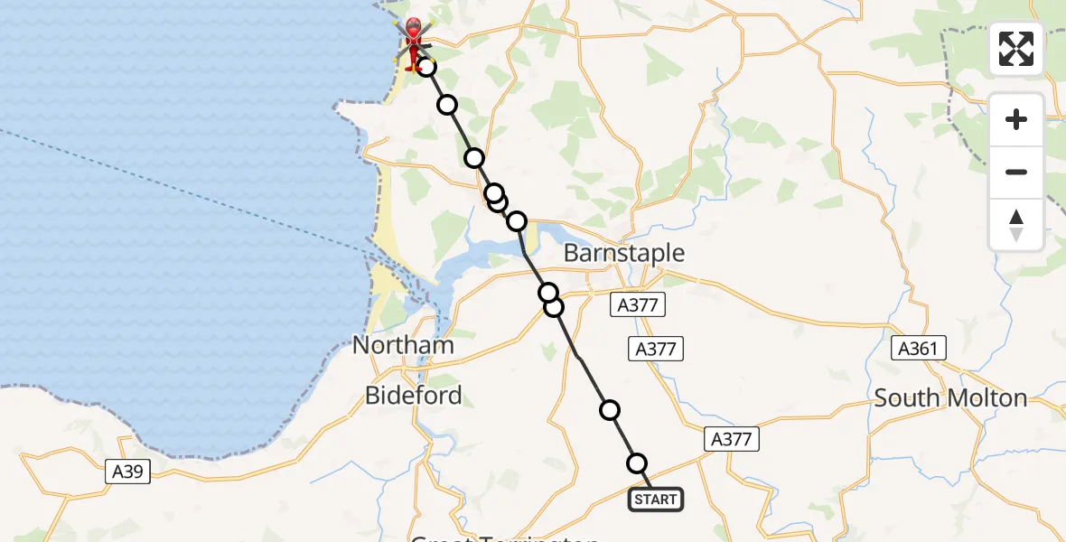 Flight route Air Ambulance Helicopter Torridge - Woolacombe, 10 June 2026, 13:58