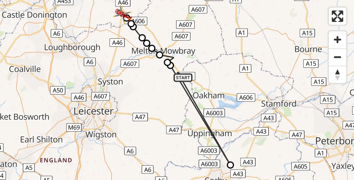 Flight route Air Ambulance Helicopter Little Dalby - Nottingham Heliport, 10 June 2026, 14:01