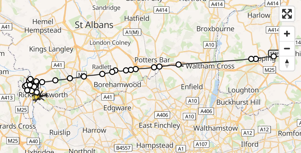 Flight route Police Helicopter Coopersale - Rickmansworth, 10 June 2026, 14:04