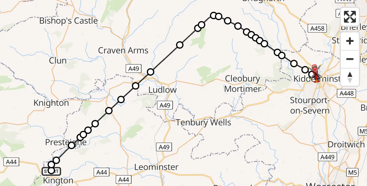 Flight route Air Ambulance Helicopter Kington Rural - Kidderminster, 10 June 2026, 14:10