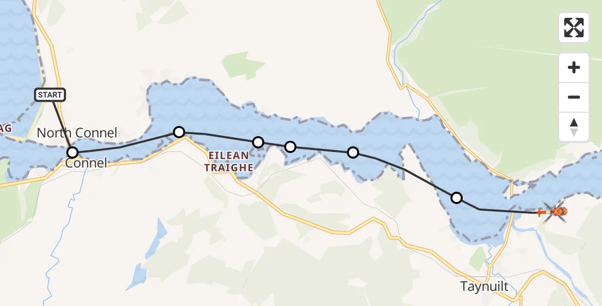 Flight route Coastguard Helicopter Oban Airport - Taynuilt, 10 June 2026, 14:14