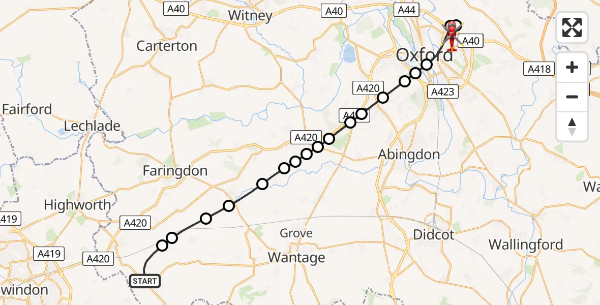 Flight route Air Ambulance Helicopter Ashbury - Oxford, 10 June 2026, 14:18