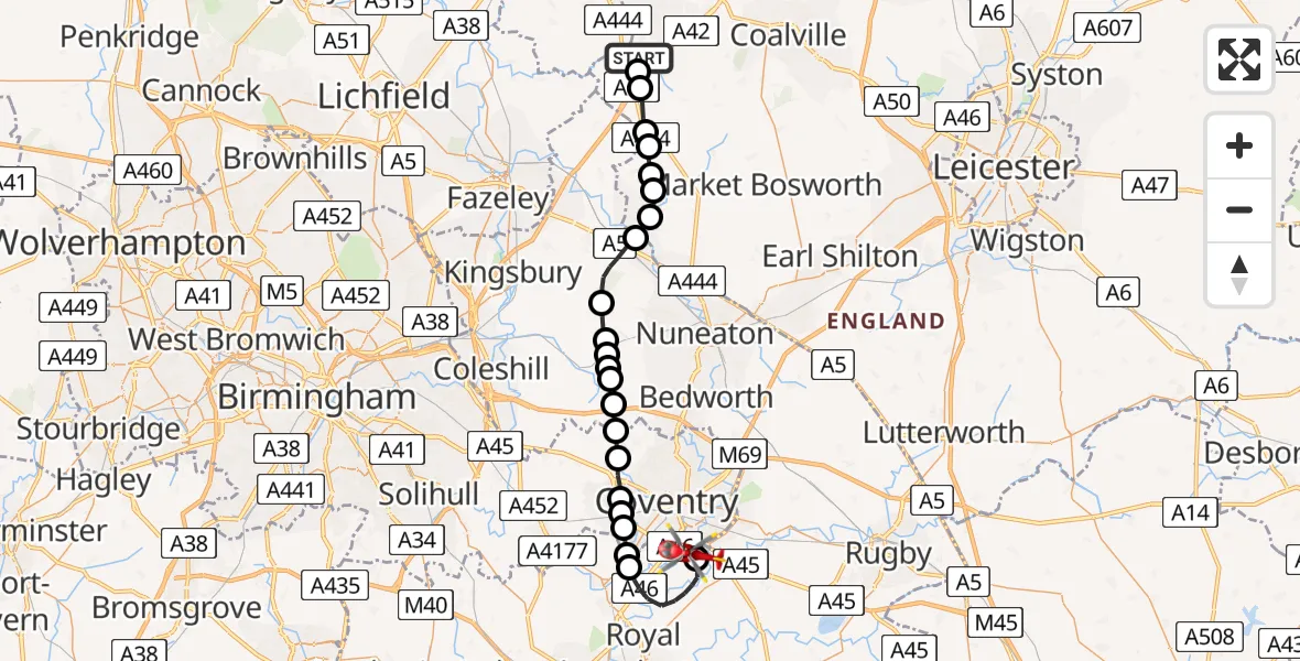 Flight route Air Ambulance Helicopter Oakthorpe - Coventry Airport, 10 June 2026, 14:20