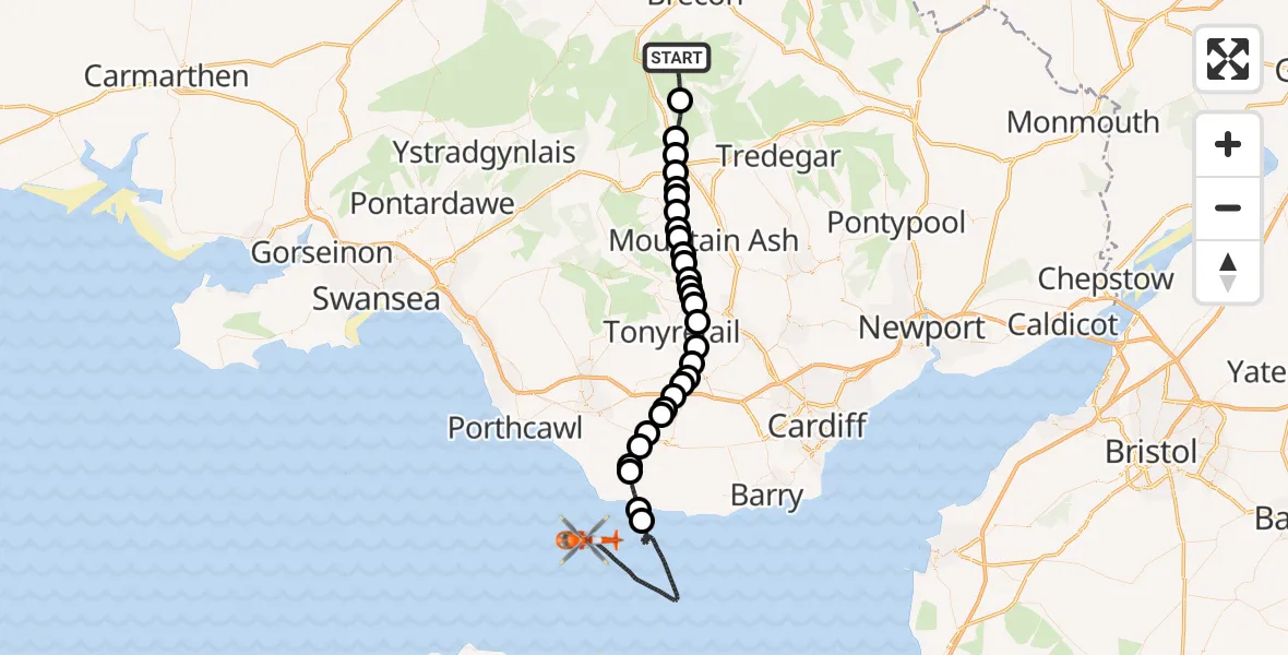 Flight route Coastguard Helicopter Llanfrynach - Bristol Channel, 10 June 2026, 14:25