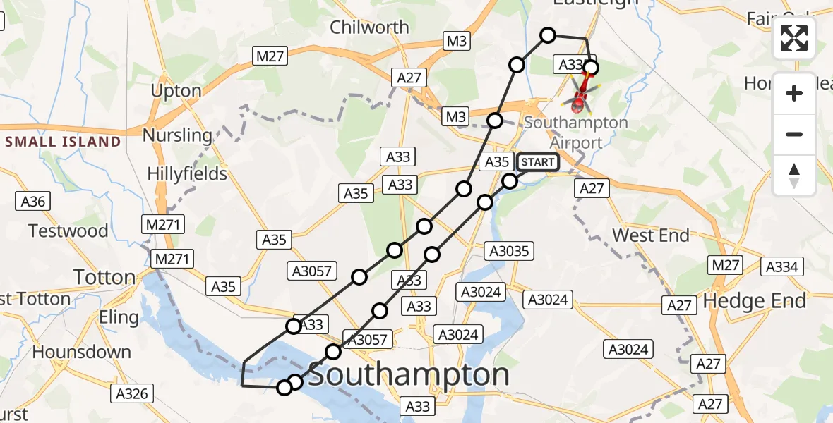 Flight route Air Ambulance Helicopter Mansbridge - Southampton Airport, 10 June 2026, 14:29