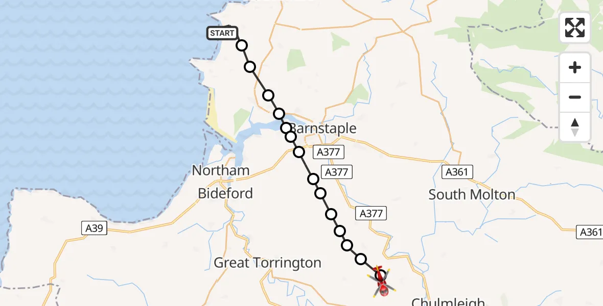 Flight route Air Ambulance Helicopter Woolacombe - North Devon, 10 June 2026, 14:31