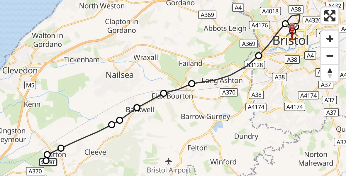 Flight route Air Ambulance Helicopter Yatton - Bristol Royal Infirmary, 10 June 2026, 14:44