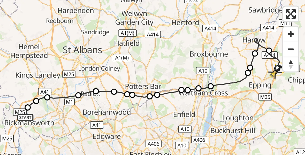 Flight route Police Helicopter Rickmansworth - North Weald Airfield, 10 June 2026, 14:47