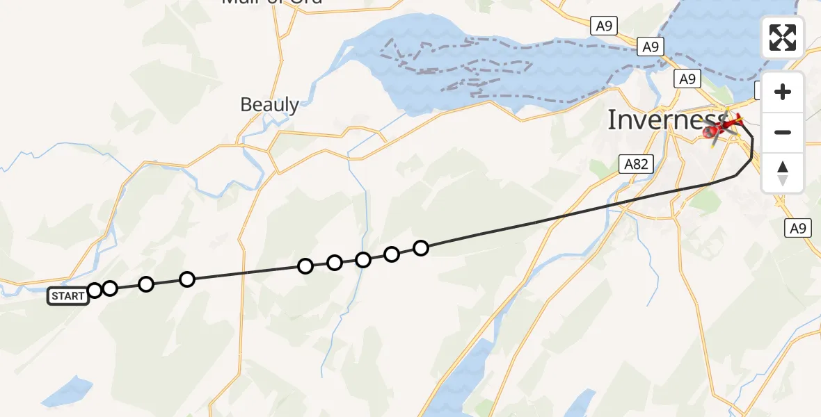 Flight route Air Ambulance Helicopter Struy - Inverness, 10 June 2026, 14:48