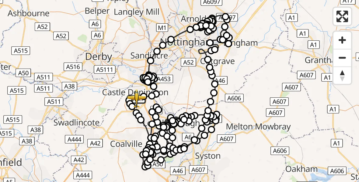 Flight route Police Aircraft East Midlands Airport - East Midlands Airport, 10 June 2026, 14:49