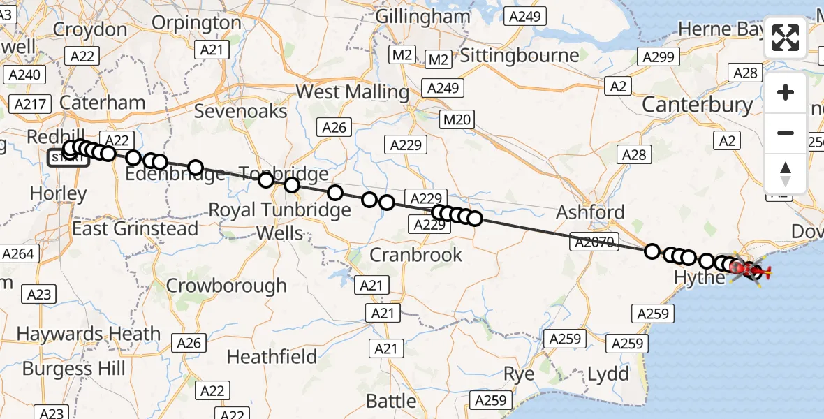 Flight route Air Ambulance Helicopter Redhill Aerodrome - Folkestone, 10 June 2026, 14:51
