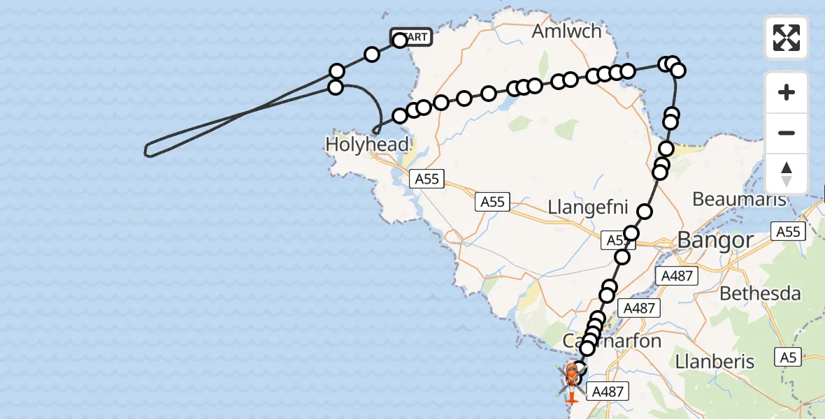 Flight route Coastguard Helicopter Llanfaethlu - Caernarfon Airport, 10 June 2026, 14:54