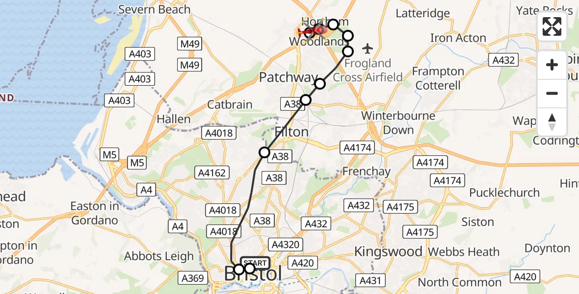Flight route Air Ambulance Helicopter Bristol Royal Infirmary - Almondsbury Helicopter Base, 10 June 2026, 14:55