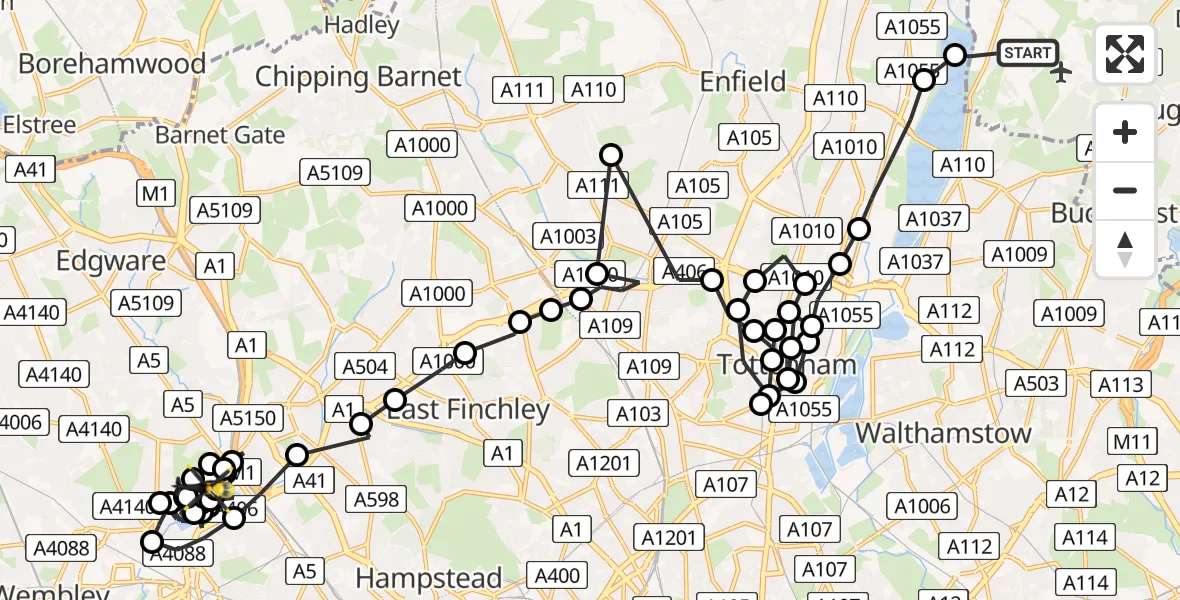 Flight route Police Helicopter Sewardstonebury - Kingsbury, 10 June 2026, 14:59