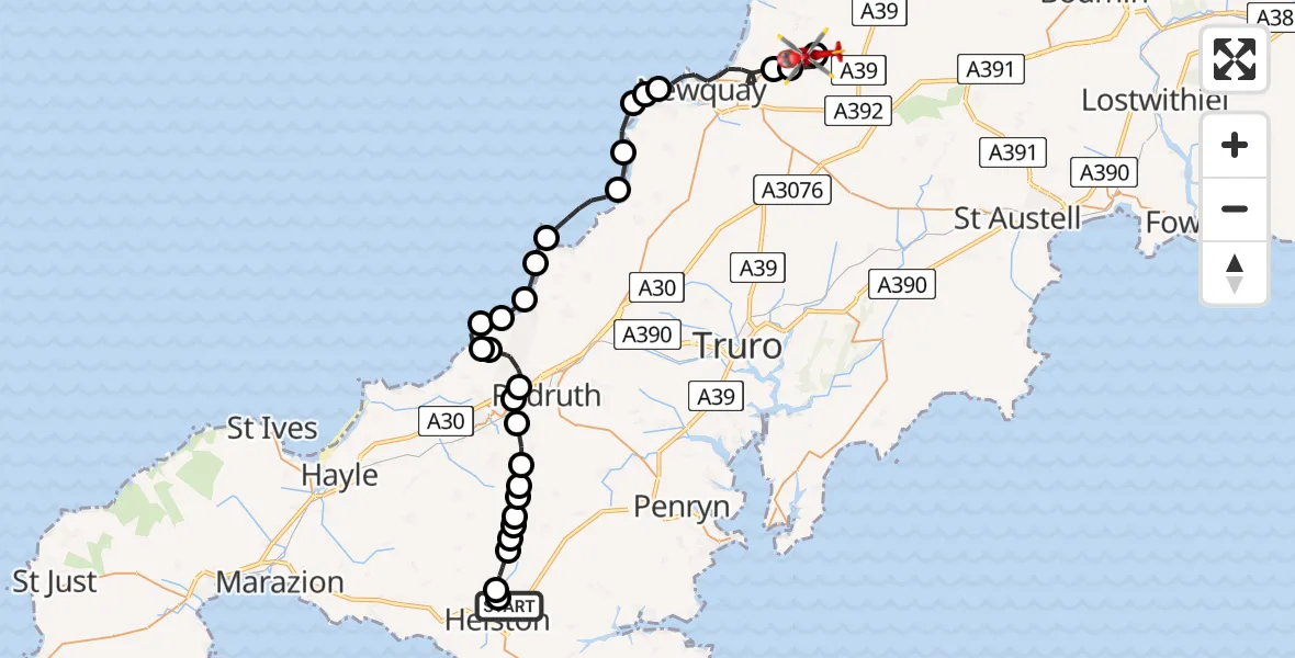 Flight route Air Ambulance Helicopter Helston - Cornwall Airport Newquay, 10 June 2026, 15:03