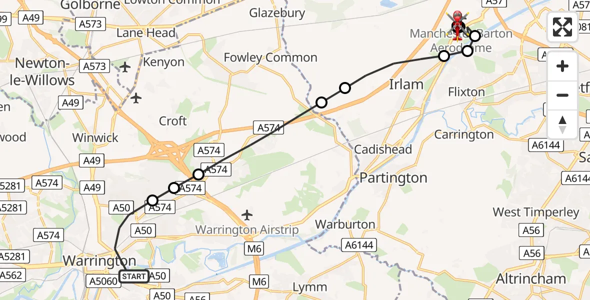 Flight route Air Ambulance Helicopter Warrington - Irlam, 10 June 2026, 15:07