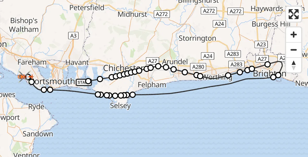 Flight route Coastguard Helicopter Havant - Solent Airport, 10 June 2026, 15:10