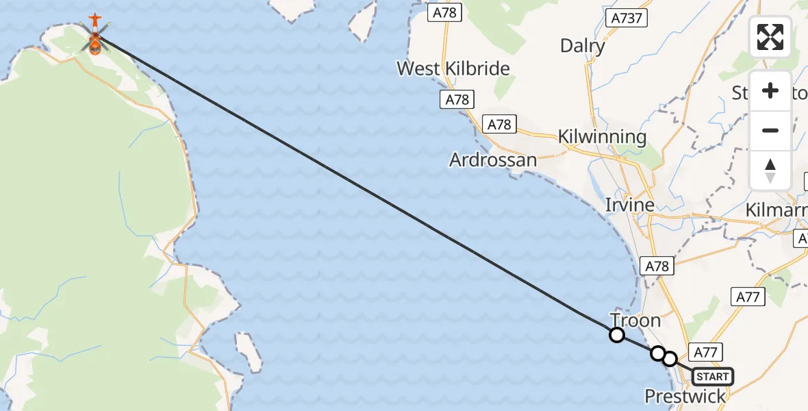 Flight route Coastguard Helicopter Glasgow Prestwick Airport - Inner Seas, 10 June 2026, 15:16