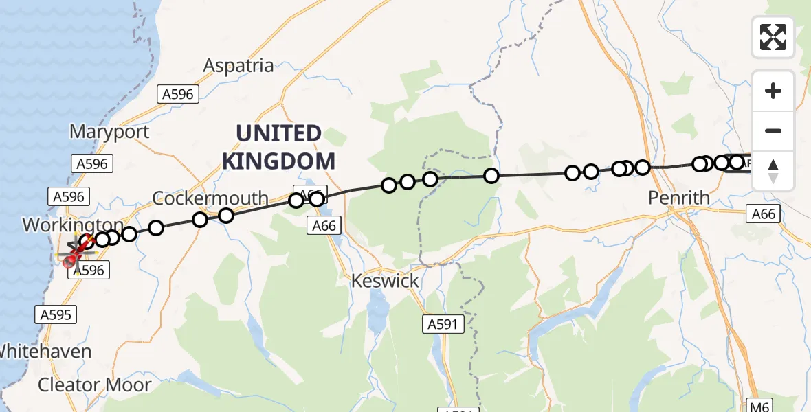 Flight route Air Ambulance Helicopter Edenhall - Workington, 10 June 2026, 15:18