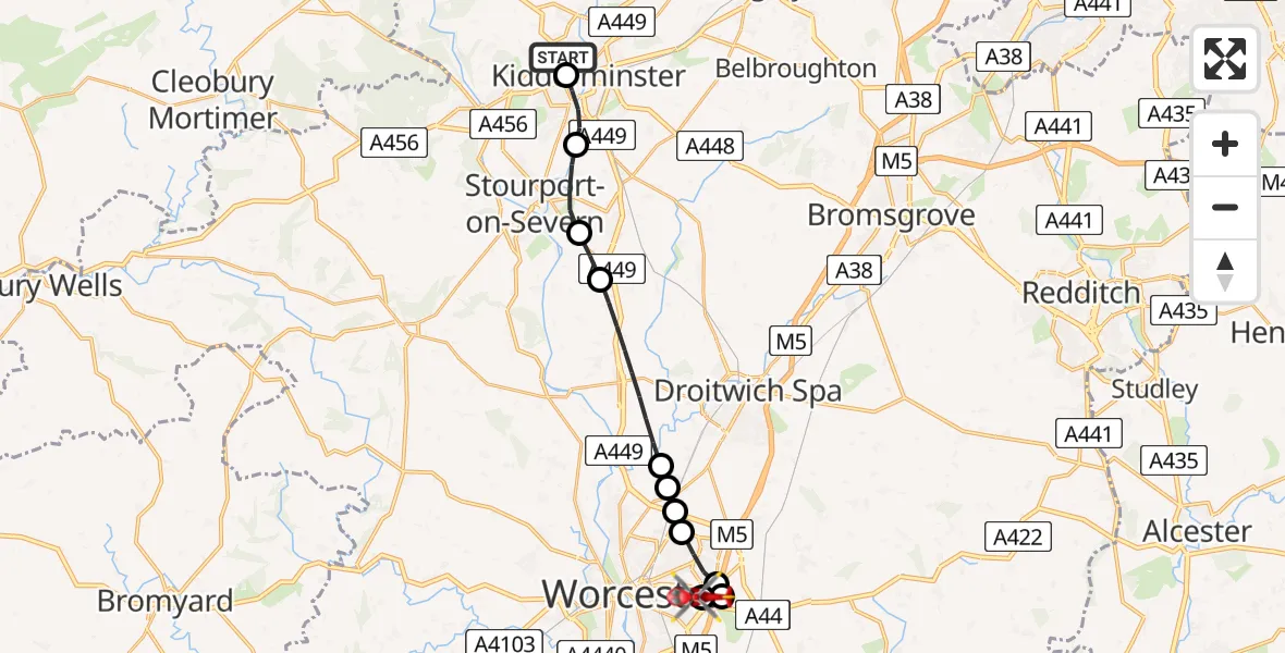 Flight route Air Ambulance Helicopter Kidderminster - Worcester-Royal-Hospital Heliport, 10 June 2026, 15:25