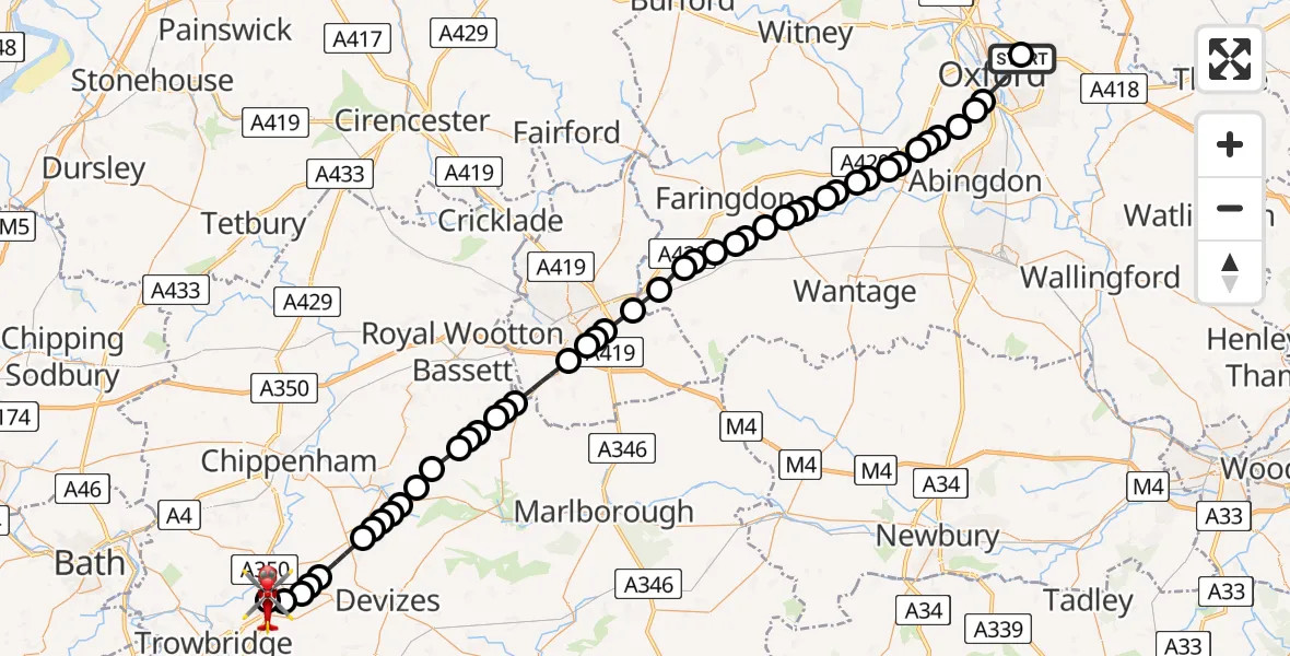 Flight route Air Ambulance Helicopter John Radcliffe Hospital - Wiltshire Air Ambulance, 10 June 2026, 15:36