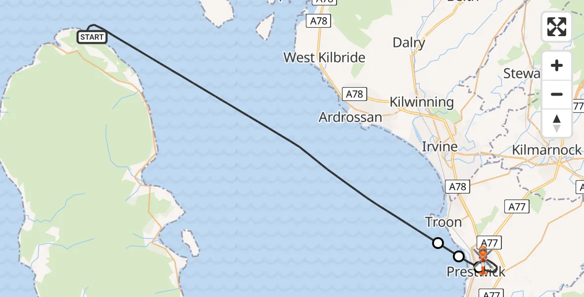 Flight route Coastguard Helicopter Inner Seas - Glasgow Prestwick Airport, 10 June 2026, 15:48
