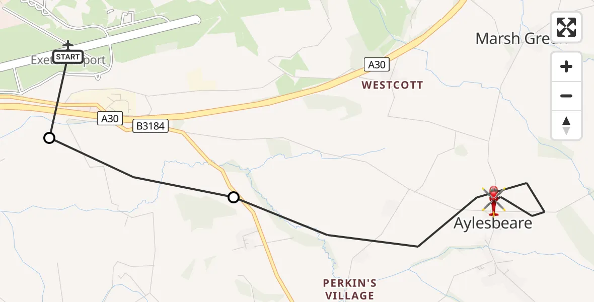 Flight route Air Ambulance Helicopter Exeter International Airport - Aylesbeare, 10 June 2026, 16:18