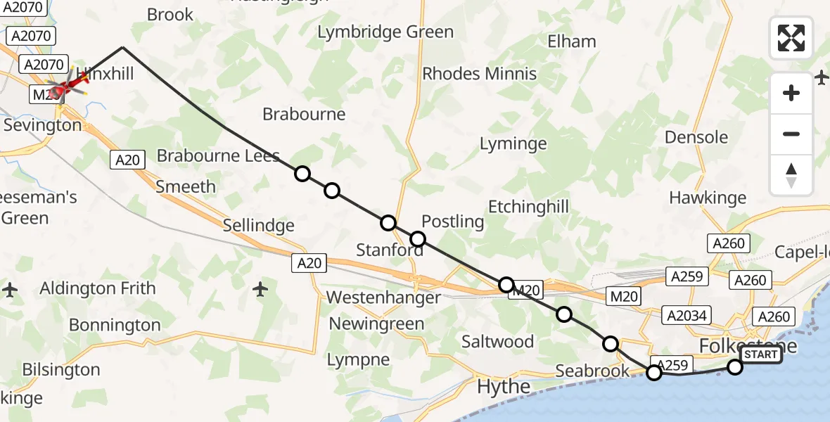 Flight route Air Ambulance Helicopter Folkestone - Ashford, 10 June 2026, 16:20
