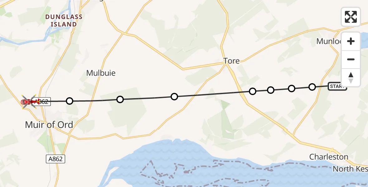 Flight route Air Ambulance Helicopter Charleston - Muir of Ord, 10 June 2026, 16:23