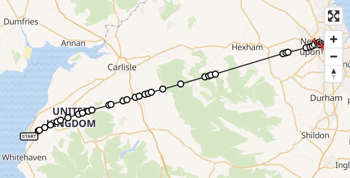 Flight route Air Ambulance Helicopter Workington - Newcastle Royal Victoria Infirmary, 10 June 2026, 16:49