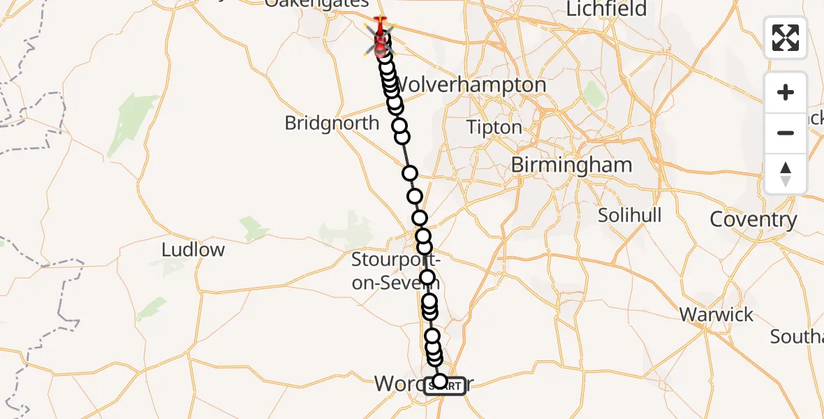 Flight route Air Ambulance Helicopter Worcester Royal Hospital - Cosford, 10 June 2026, 16:56