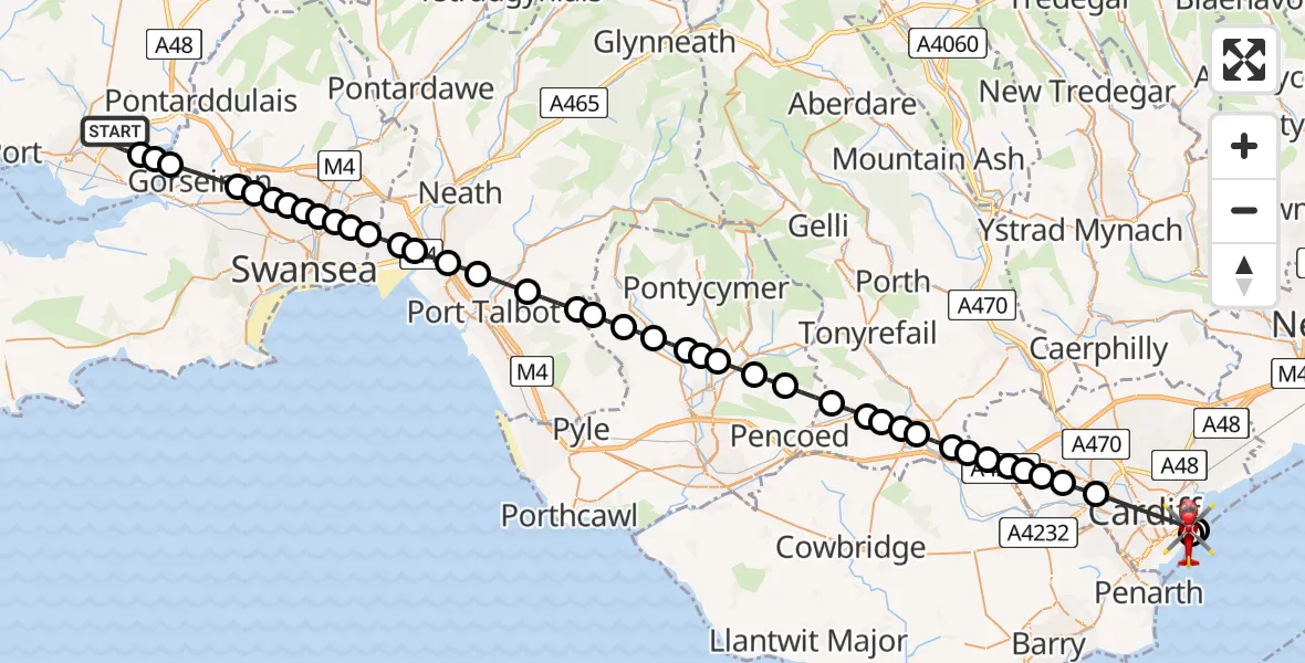 Flight route Air Ambulance Helicopter Dafen - Cardiff Heliport, 10 June 2026, 17:00