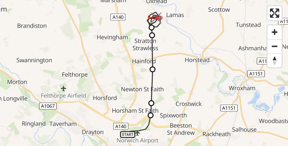 Flight route Air Ambulance Helicopter Norwich Airport - Buxton, 10 June 2026, 17:05