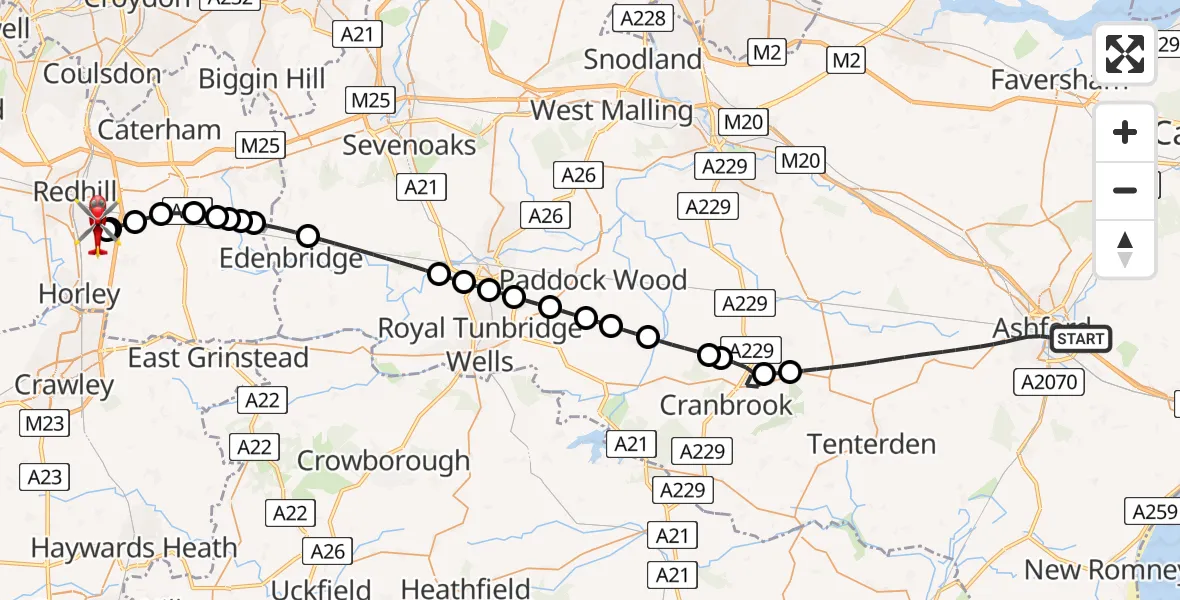 Flight route Air Ambulance Helicopter Ashford - Redhill Aerodrome, 10 June 2026, 17:20