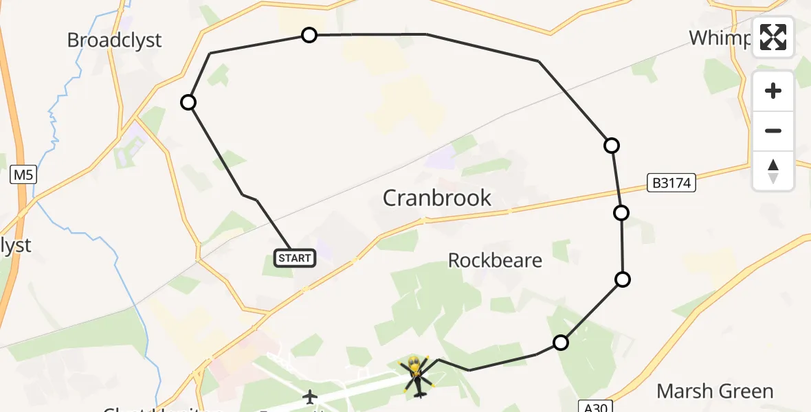 Flight route Police Helicopter Cranbrook - Exeter International Airport, 10 June 2026, 17:25