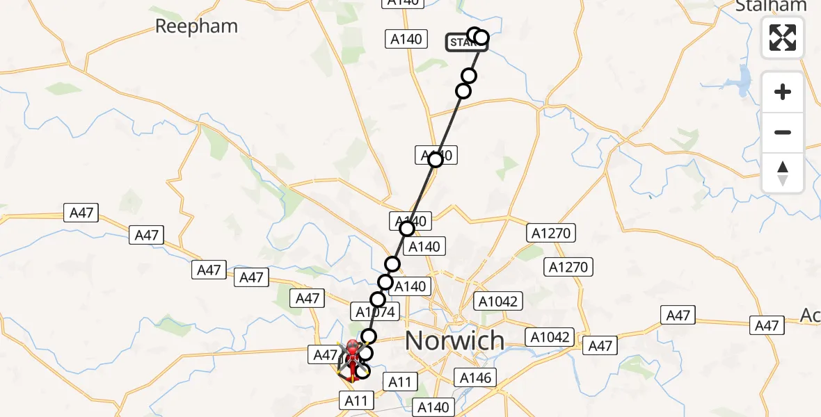 Flight route Air Ambulance Helicopter Buxton - Norfolk & Norwich Hospital, 10 June 2026, 17:42