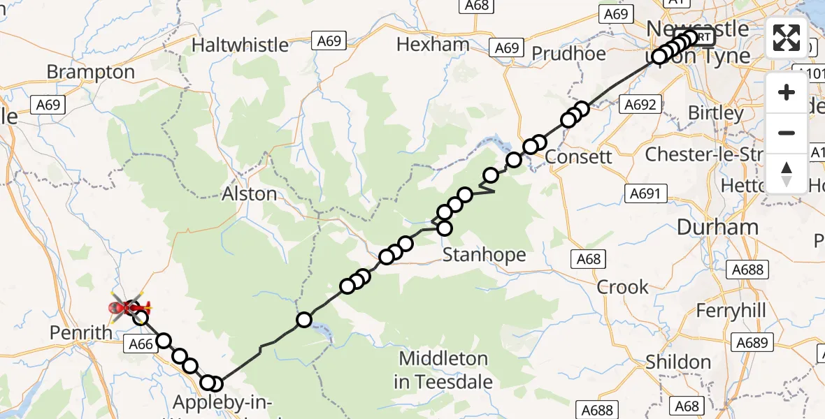 Flight route Air Ambulance Helicopter Newcastle Royal Victoria Infirmary - Edenhall, 10 June 2026, 18:23