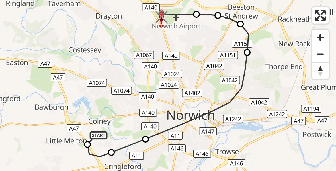 Flight route Air Ambulance Helicopter Norfolk & Norwich Hospital - Norwich Airport, 10 June 2026, 18:26