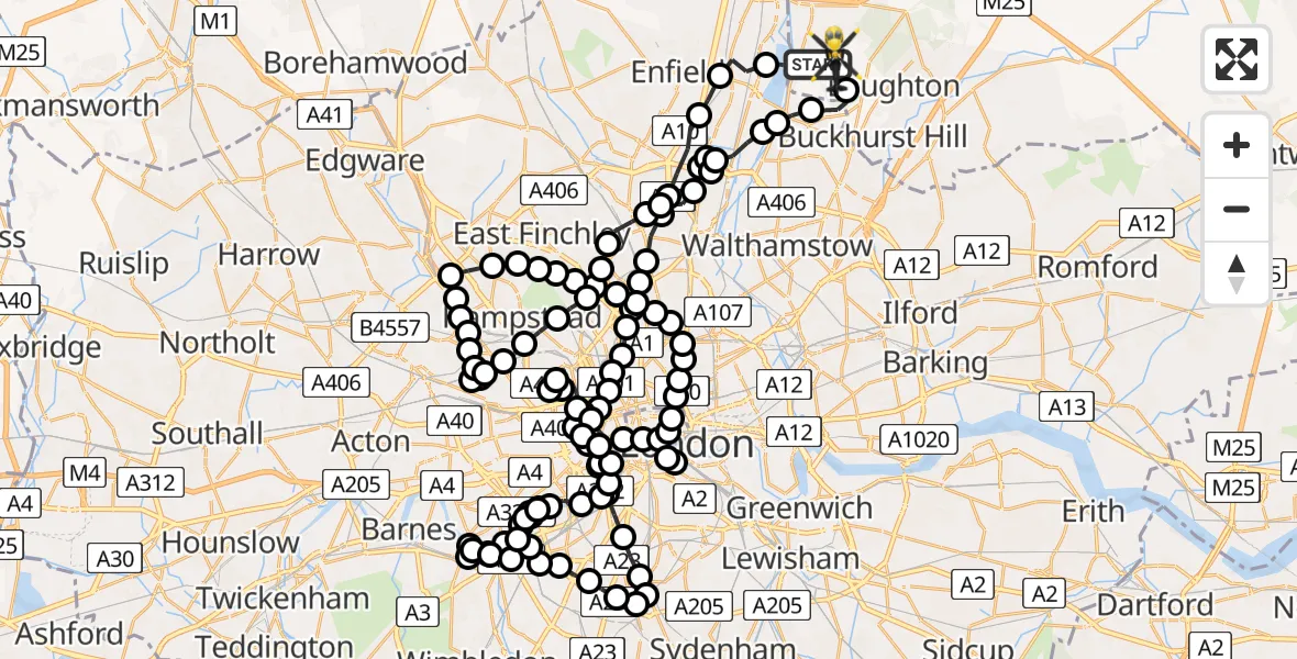 Flight route Police Helicopter Sewardstonebury - Sewardstonebury, 10 June 2026, 18:36