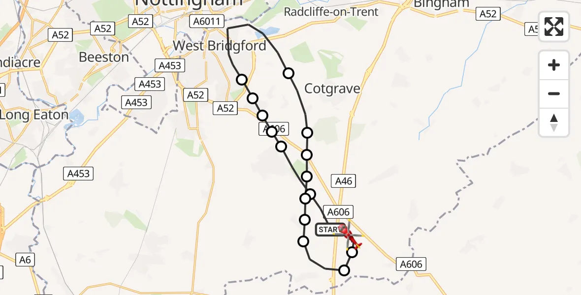 Flight route Air Ambulance Helicopter Widmerpool - Hickling, 10 June 2026, 18:37