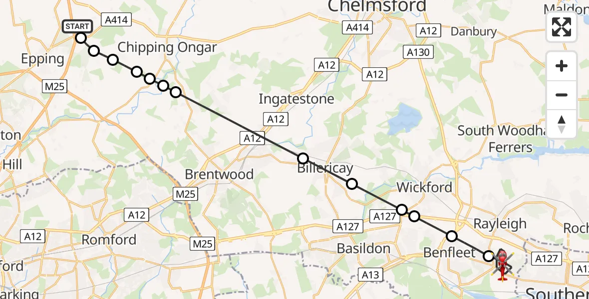 Flight route Air Ambulance Helicopter North Weald Airfield - Hadleigh, 10 June 2026, 18:39