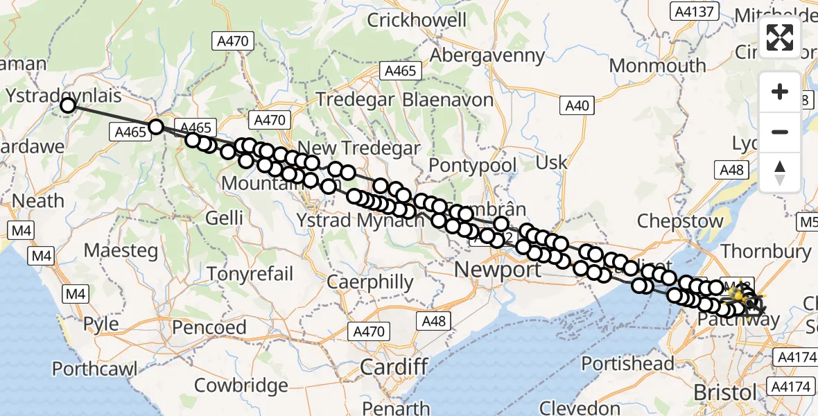 Flight route Police Helicopter Almondsbury - Almondsbury Helicopter Base, 10 June 2026, 18:41