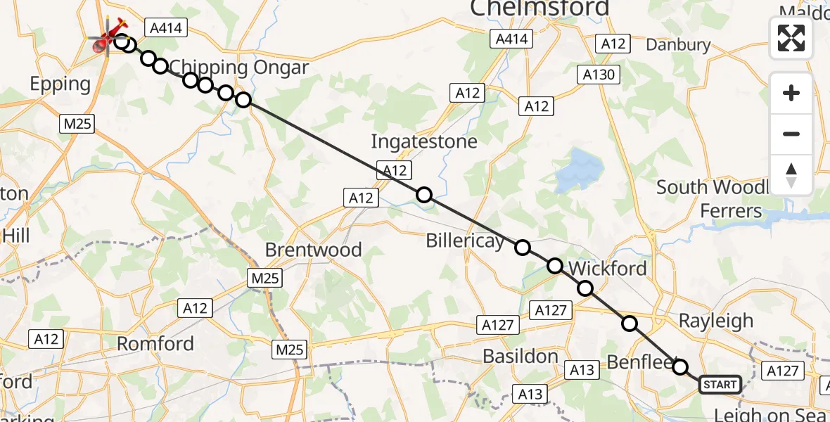 Flight route Air Ambulance Helicopter Hadleigh - North Weald Airfield, 10 June 2026, 19:11
