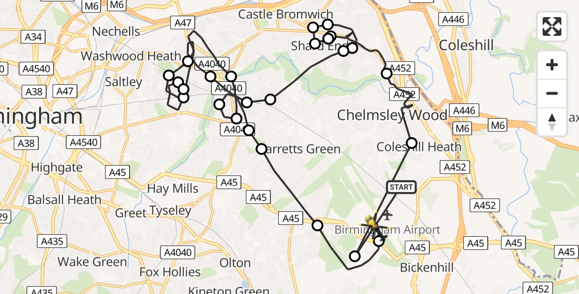 Flight route Police Helicopter Birmingham Airport - Birmingham Airport, 10 June 2026, 19:12