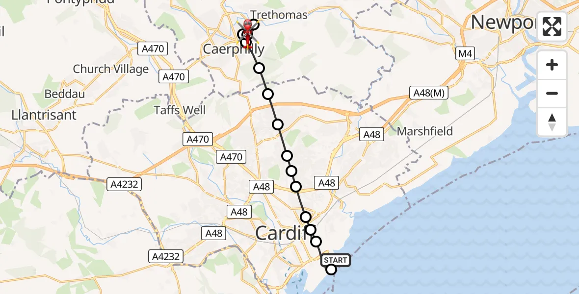 Flight route Air Ambulance Helicopter Cardiff Heliport - Caerphilly, 10 June 2026, 19:14