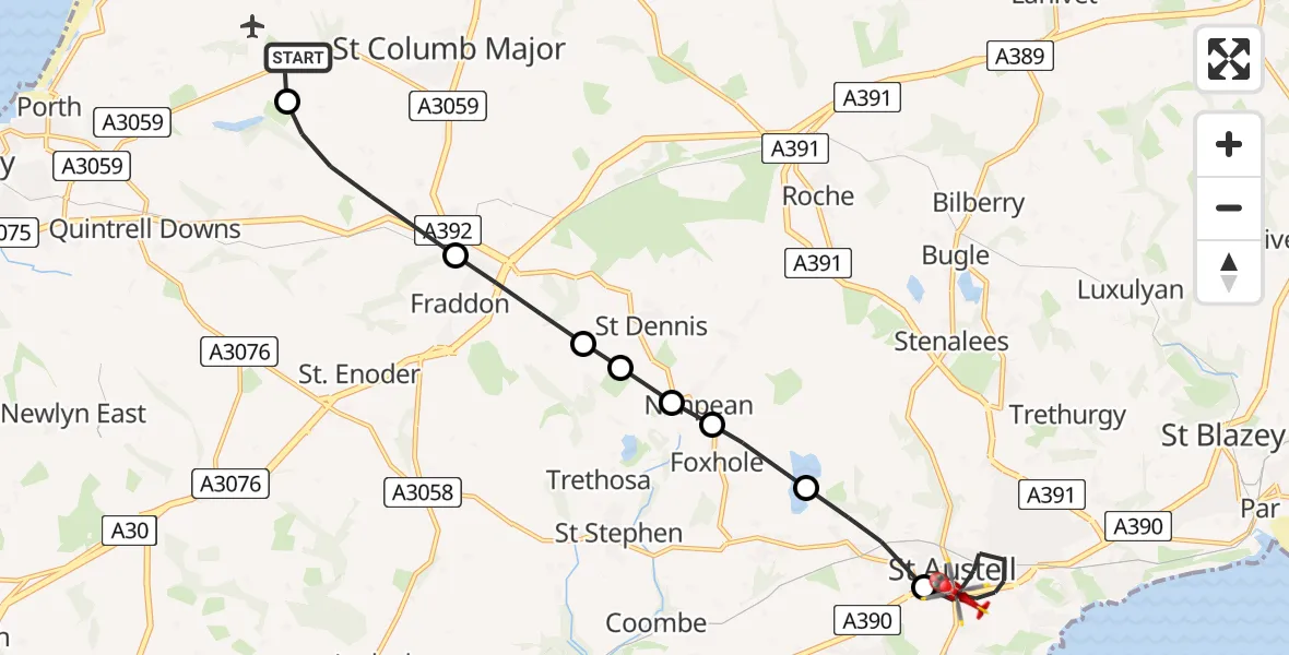 Flight route Air Ambulance Helicopter Cornwall Airport Newquay - St. Austell, 10 June 2026, 19:31