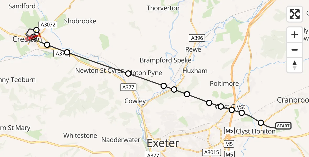 Flight route Air Ambulance Helicopter Exeter International Airport - Crediton, 10 June 2026, 19:32