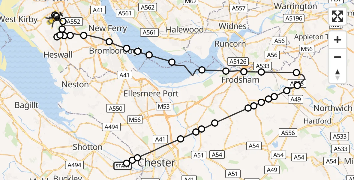 Flight route Police Helicopter Hawarden Airport - Greasby, 10 June 2026, 19:40